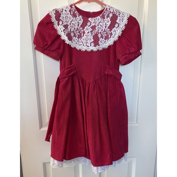 Vintage Jessica McClintock Gunne Sax Girls Christmas Party Dress 6 Red Lace Trim - Picture 1 of 12